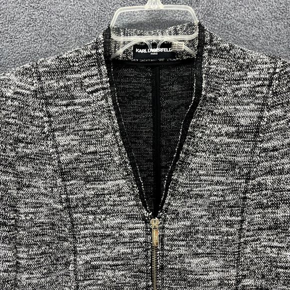 Karl Lagerfeld Jacket Womens XL Tweed Full Zip Blazer Raw Hem Black White - Picture 2 of 14